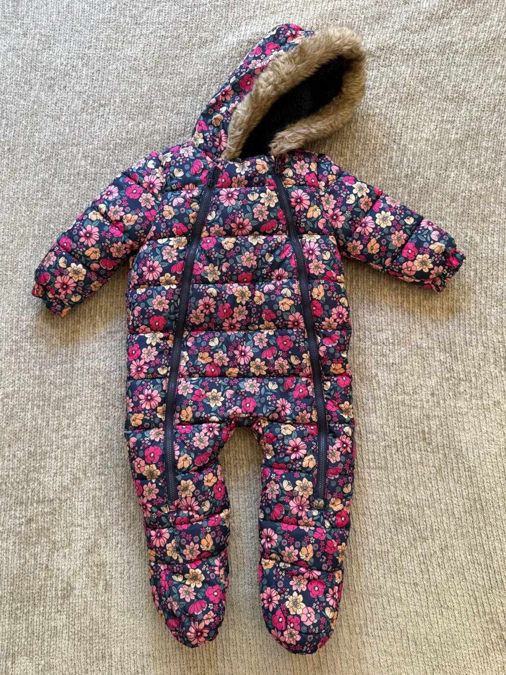 Fred & Flo Baby Floral Puffer Snowsuit 9-12M Faux Fur Hood Navy Pink